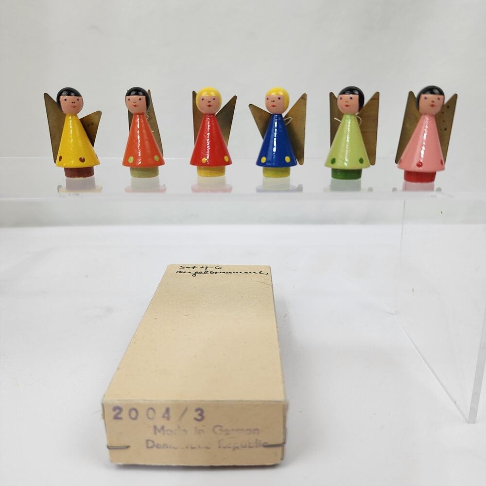 6 Mini East German Democratic Republic Handmade Wooden Angels w/Metal Wings